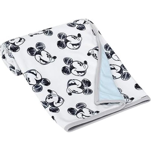 Lambs & Ivy Disney Baby Mickey Mouse Baby Blanket - Blue/White Minky/Jersey