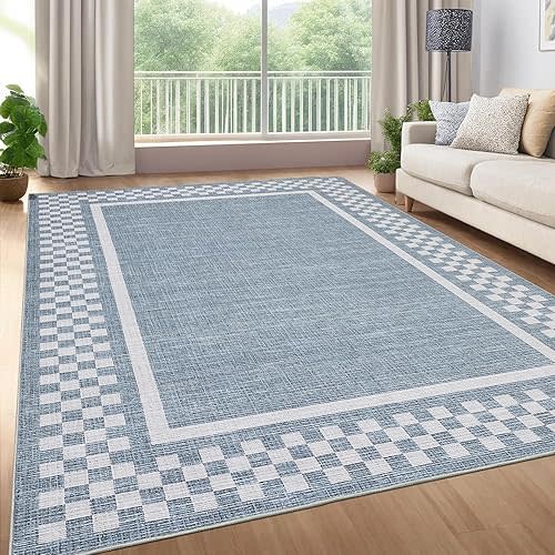GarveeHome Modern Bordered 8x10 Area Rugs for Living Room Bedroom Soft Washable Large Bedroom Throw Carpet Non Slip Checkered Geometric Rugs for Dining Room Home Decor Office, Blue