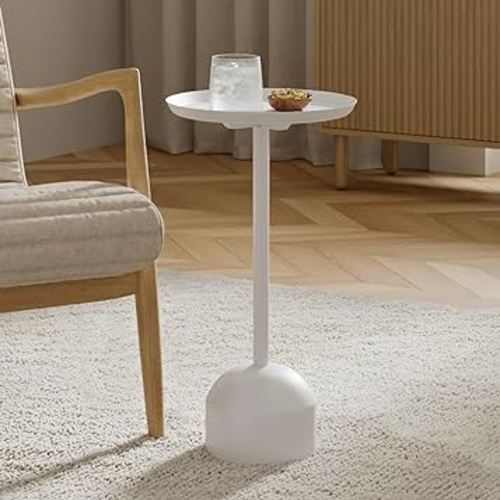 Round Metal Drink Table - Pedestal Drink Table - Modern Home, Bedroom, and Living Room Furniture - Small Metal Side Table with Dome Base and Beveled Metal Top (White)
