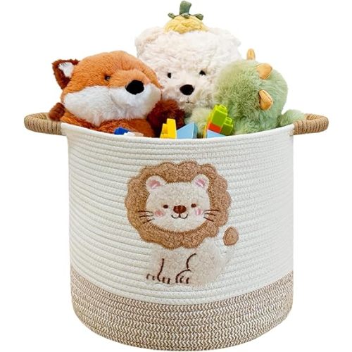 Mzzelry Toy Storage Basket(12"x12"), blanket basket, Cotton Rope Woven Laundry Hamper with Cute Embroidered Dinosaur for Nursery, Living Room, Laundry (Lion)