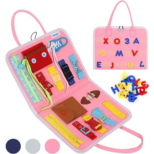 Esjay Busy Board for Toddlers, Montessori Toys to Learn Fine Motor Skill, Sensory Board, Toys Gifts Girls Boys, Toddler Learning Activities for Travel Airplane,Pink Alphabet