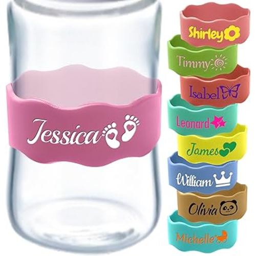 Custom Baby Bottle Labels Reusable Silicone Name Bands Personalized (up to 10Pcs) Waterproof Anti-Slip for daycare Customized Newborn Girl Boy Kids Gift