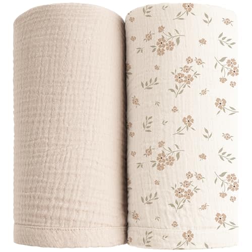 Konssy Muslin Swaddle Blankets for Boys Girls, 2 Pack Receiving Baby Blanket Large 47 x 47 inches, Soft Breathable Swaddling Wrap for Unisex Newborn (Blossom,Cream)