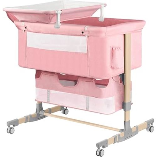 Baby Bassinet Bedside Sleeper with Diaper Changing Station + Mosquito Net + 16gallon Capacity Storage, Adjustable & Portable Bassinet Cosleeping Baby Bed (Wooden Pink)