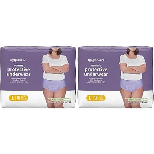 Amazon Basics Postpartum Incontinence Underwear for Women, Maximum Absorbency with Bladder Leak Protection, Fresh Protection, Disposable, Large, Lavender, 18 Count (Pack of 2)