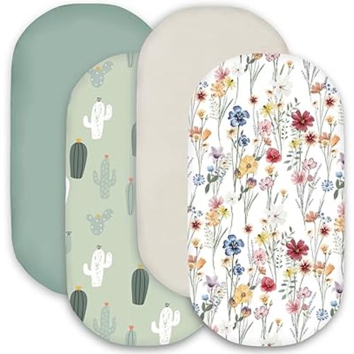 Bimocosy Bassinet Sheet, 4 Pack Bassinet Sheets for Baby Boys Girls, Soft Baby Bassinet Fitted Sheets Neutral for Bassinet Mattress, Size 32 x 16 x 4 Inches, Cactus/Floral/Wintergreen/Beige
