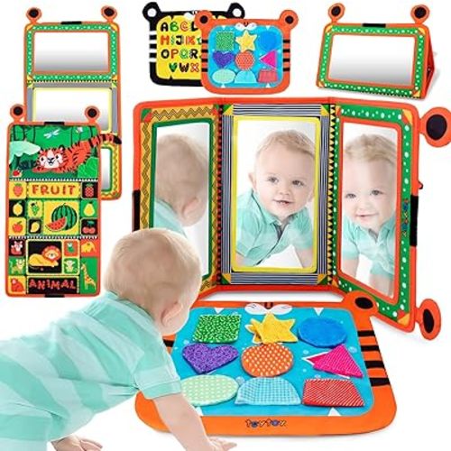 Tummy Time Baby Mirror Toys,Black and White High Contrast Baby Toys Newborn Toys 0,3,6 Months Brain,Sensory Textured Play Pattern 3D Crinkle Toys,3 Way Baby Mirrors Infant Toys for Newborn Boys Girls