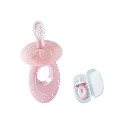 Baby Toothbrush & Teether for Infant and Toddler, Silicone Baby Oral and Tongue Cleaner, Ultra Soft Infant Toothbrush with Storage Case, Adjustable Safety Shield - Pink