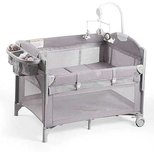 Rinnebbit Baby Bassinets Bedside Sleeper, 4 in 1 Portable Bedside Crib w/Mattress, Diaper Changer, Storage Basket, Music Box, Carry Bag, Foldable Playard Sleeper for Newborn (Light Gray)