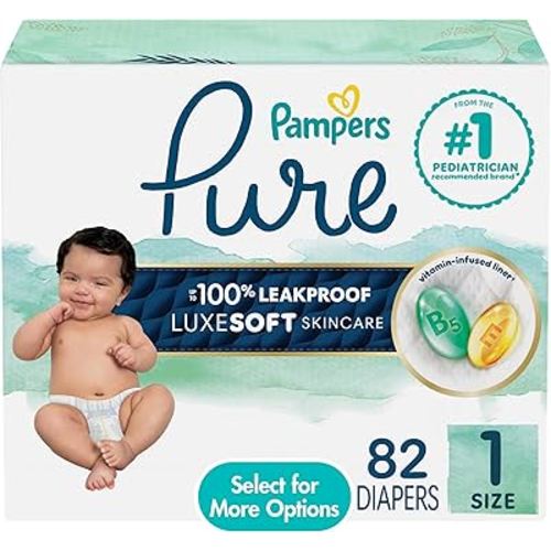 Pampers Pure Protection Diapers, Size 1, 82 Count for Up to 100% Leakproof, Plant-based Skin Protection