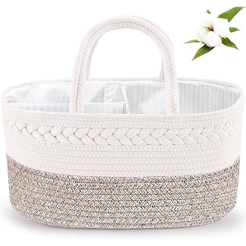ABenkle Diaper Caddy Organizer, Boho Rustic Cotton Rope Nursery Baby Basket, Changing Table Organizer for Baby Diaper Storage and Baby Shower