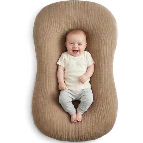 Muslin Baby Lounger Cover 1 Pack, Cotton Soft Breathable Infant Nest Slipcover, Envelope Closure, Compatible with Snuggle Me Loungers, Machine Washable, Cover Only, for Boys Girls(Brown)