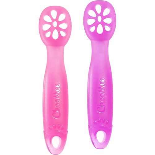 ChooMee FlexiDip Silicone Baby Learning Utensil | 4 Months + Baby Led Weaning | Flat Head Spoon with Firm Handle | Designed in USA, BPA Free, Premium Grade Platinum Silicone | 2 CT Pink Purple