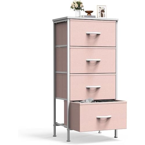 Sweetcrispy Nightstand Small Bedroom Dresser with 4 Fabric Drawers,Bed Side Furniture End Table,Wooden Top Cabinet Night Stand Dresser for Closet,Entryway,Dorm,Pink