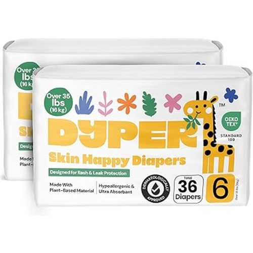 DYPER - Pack of 2 Baby Diapers Size 6 (36 Count) - Leak Proof, Plant Based, Hypoallergenic & Ultra Absorbent Disposable Diaper for Day & Overnight, Skin-Friendly Comfort Size 6 Diapers (35+ lbs)