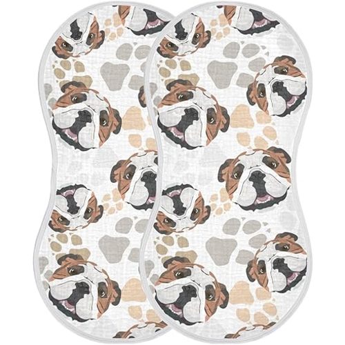 Muslin Burp Cloths for Baby Boys and Girls - 2-Pack Ultra Absorbent English Bulldog Muslin Washcloths, Newborn Towel, Milk Spit Up Rags, Burp Cloth Bibs for Unisex, 22 x 11 Inch