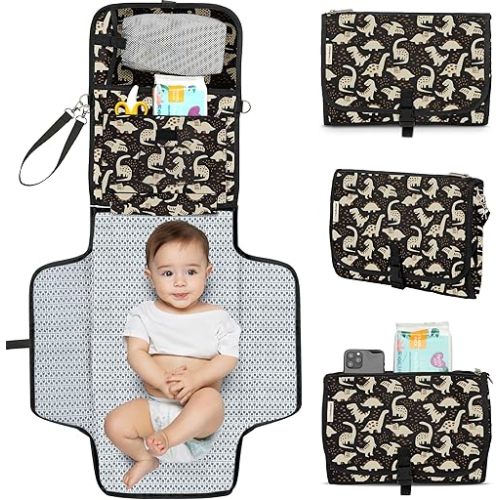 KeaBabies Portable Diaper Changing Pad with Storage (Dino Ridge)
