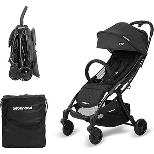 Beberoad Love R2 Small Travel Stroller Compact Stroller Foldable Lightweight Baby Stroller for Airplane, Infant Toddler Stroller with Adjustable Backrest, Cup Holder and Waterproof Canopy, Black
