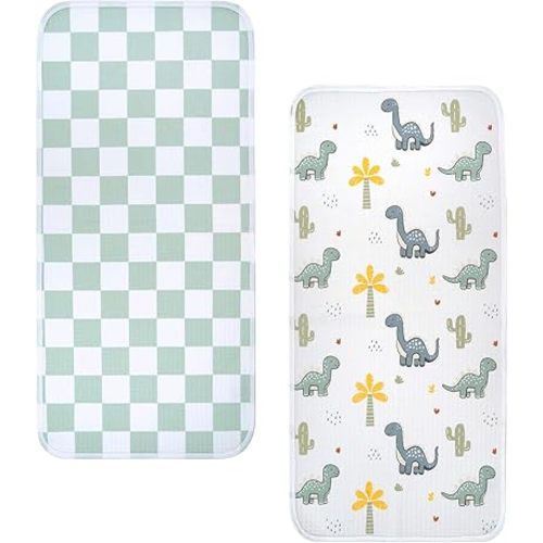 haakaa Waterproof Changing Pad Liners, 100% Cotton, Soft & Breathable (2pcs, 13" x 27.5" Dino Land+Checkered Days)