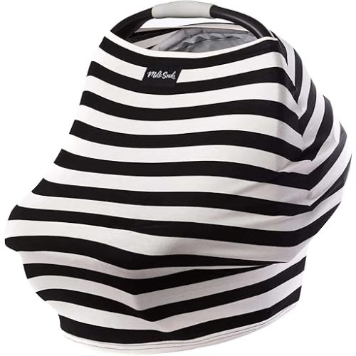 Milk Snob Original 5-in-1 Cover - Added Privacy for Breastfeeding, Baby Car Seat, Carrier, Stroller, High Chair, Shopping Cart, Lounger Canopy - Newborn Essentials, Nursing Top, Black and White Stripe
