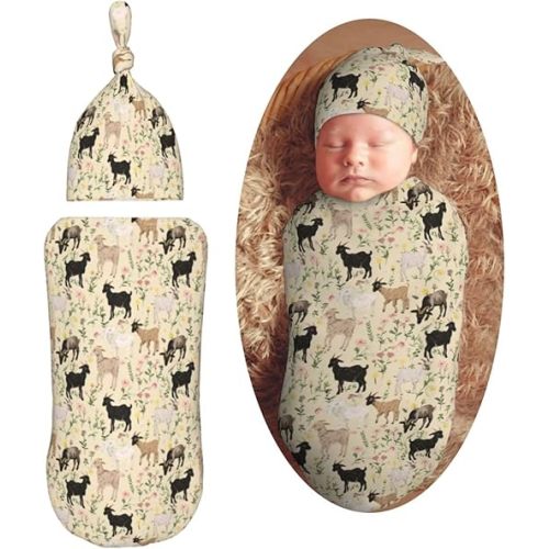 Goats and Flowers Newborn Swaddle Blankets Hat Sets Soft Baby Receiving Blanket Swaddle Sack for Baby Shower Infant Boy Girl Gift