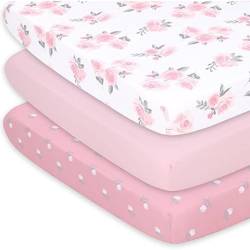 The Peanutshell 3-Pack Fitted Playard Sheets - Soft & Breathable Baby Girl Mini Crib Sheets, Pack N Play Mattress, Fits Standard Playard Pack Play Mattresses - Pink Roses & Ditsy