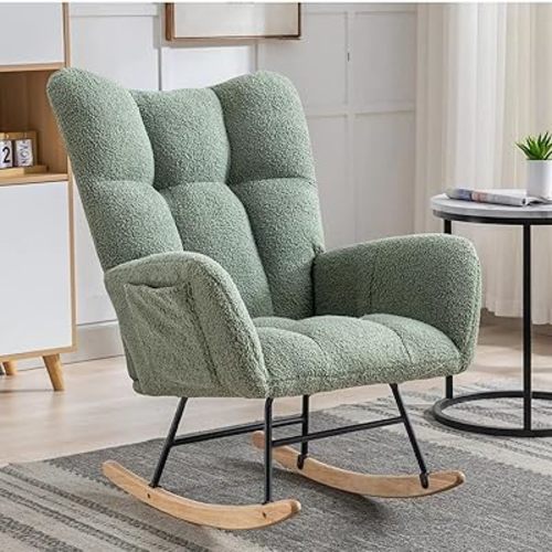 Nursery Rocking Chair Teddy Upholstered Glider Rocker Rocker Accent Chair with High Backrest Armchair Comfy Side Pocket Modern Rocking Accent Chairs for Living Room, Nursery, Office-Green