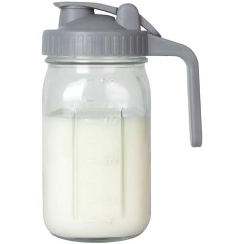 Breast Milk Pitcher, Mason Jar 32 oz, Heavy Duty Wide Mouth Jar with Flip Cap Lid and Pour Spout - Airtight Seal for Freshness and Convenience - Great for Cold Beverages, and Home Entertaining Gray 32