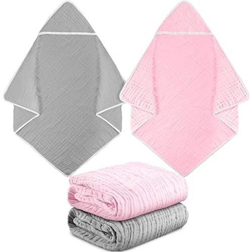 Chumia 2 Pieces Muslin Hooded Baby Towels for Newborn Girls Boys 32"x 32" Cotton Infant Bath Towel Absorbent Unisex Hooded Blankets for Babies Toddler, Newborn Registry Baby Gift (Pink,Gray)