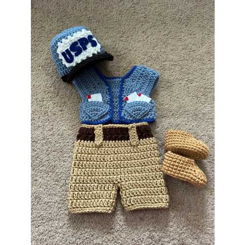 Crochet Mailman Costume/Post Office Worker Costume/Halloween Costume/Cake Smash Photo Prop/Newborn to 18 months/MADE TO ORDER