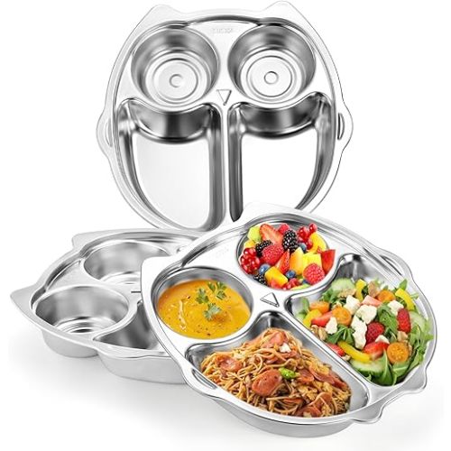 3 Pack Stainless Steel Divided Plates, 4 Sections 304 Dinner Platter, Diet Portion Control Tray, 9 Inch Owl Shape Meal Plate for Adult Children Picky Eaters, Camping Dish Lunch Snack