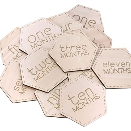 Wooden Baby Monthly Cards. Cute Unisex, Reversible, and Laser Engraved Blocks. Set of 24 Sayings Plus a Customizable Birth Card. Natural Wood Disc Photo Props for Boy or Girl in Keepsake Gift Bag