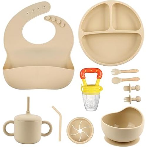 Silicone Baby Feeding Set, Baby Feeding Essentials, Baby Suction Bowl, Plates, Bib, Spoons set, Baby Led Weaning Supplies to Develop Self-feeding Skills, Dishwasher Safe (Beige)