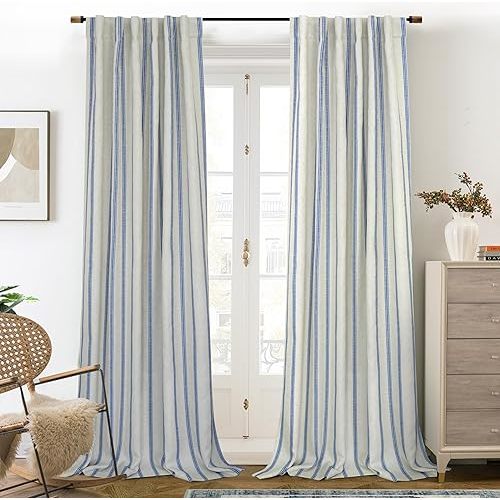 DriftAway Farmhouse Linen Blend Blackout Curtains 96 Inches Long for Bedroom Vertical Striped Printed Linen Curtains Thermal Insulated Lined Treatments for Living Room 2 Panels W52 x L96 Linen Navy