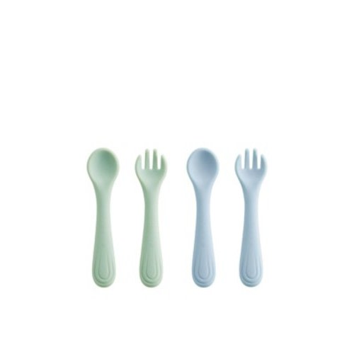 Bc Babycare Baby Toddler Silicone Fork and Spoon Set 4 pc Self Feeding Utensils Soft Grip BPA-Free with Travel Case Blue and Green