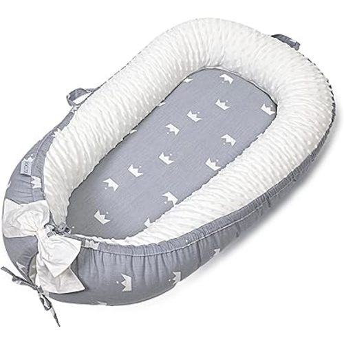 Baby Lounger, Ultra Breathable Soft Cotton Perfect for Tummy Time, Portable & Adjustable Infant Floor Seat for Traveling | Newborn Shower Gift(Little Crown)