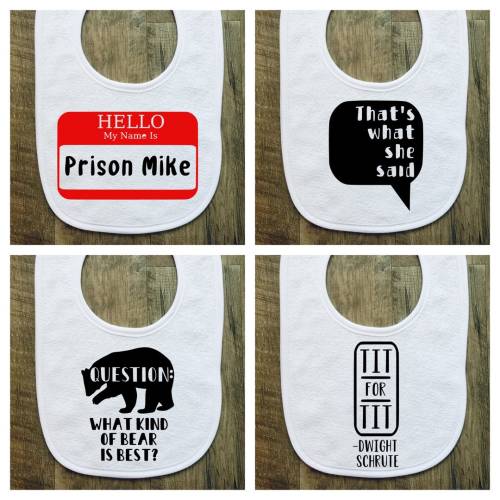 The Office Pack - 4 Pack of Baby Bibs - Prison Mike - That's What She Said - What Kind of Bear Is Best - Tit for Tit - Funny - Personalized