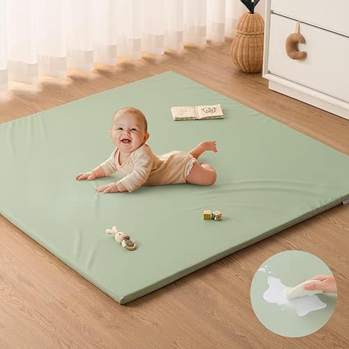 Blissful Diary Vegan Leather Baby Play Mat, 50x50 Thicken Foam Cushioned & Waterproof Playpen Mat for Infants and Toddlers, Stylish and Just Wipe-Clean Crawling Mat for Babyplay on Floor, Light Green