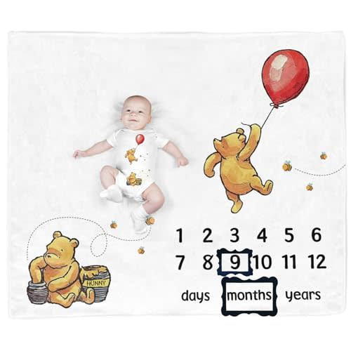 The Winnie Bear Baby Stuff, Honey Baby Monthly Milestone Blanket for Newborn Baby Boy & Girl Photo Taken - Baby Age Blanket with 2 Frame