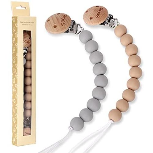 Pacifier Clip, Silicone Pacifier Holders (2 Pack), BPA Free, Socub Pacifier Clips for Teething Toy, Best Newborn Shower Gift for Baby Girl, Light Grey and Stone Sand