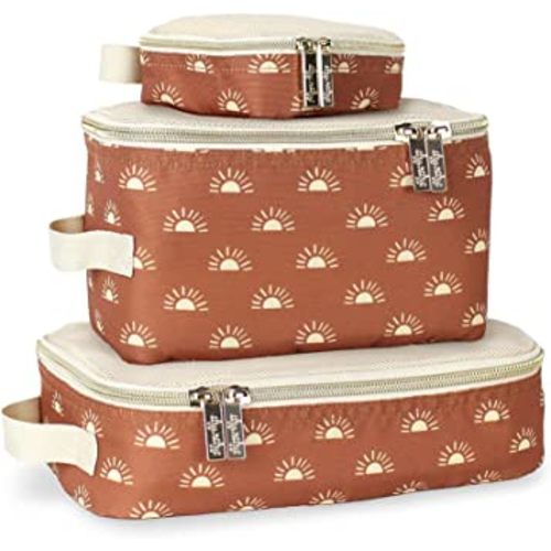 Itzy Ritzy Packing Cubes – Set of 3 Packing Cubes or Travel Organizers; Each Cube Features a Mesh Top, Double Zippers and a Fabric Handle; Terracotta Sunrise