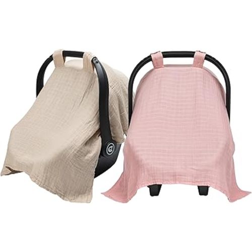 Meracorallo Muslin Baby Car Seat Cover, Lightweight Breathable Soft Infant Carrier Cover Carseat Canopy for Baby Boys and Girls, Pink & Beige