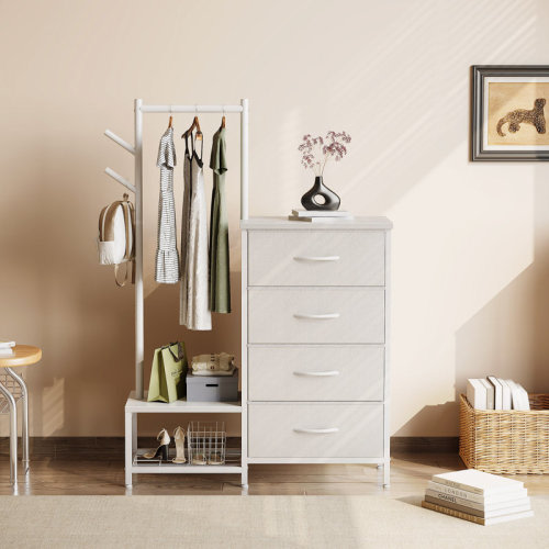 Ebern Designs Dresser Chest Of Drawers With 4 Spacious Storage Drawers,Storage Tower With Coat Rack,Storage Dresser With Large Shelf | Wayfair