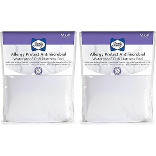 Sealy Baby Allergy Protect Antimicrobial Fitted Waterproof Infant Crib Mattress Protector Pad and Toddler Bed Cover, Durable & Comfortable Topper, Machine Washable & Dryer Friendly, 52” x 28”- White