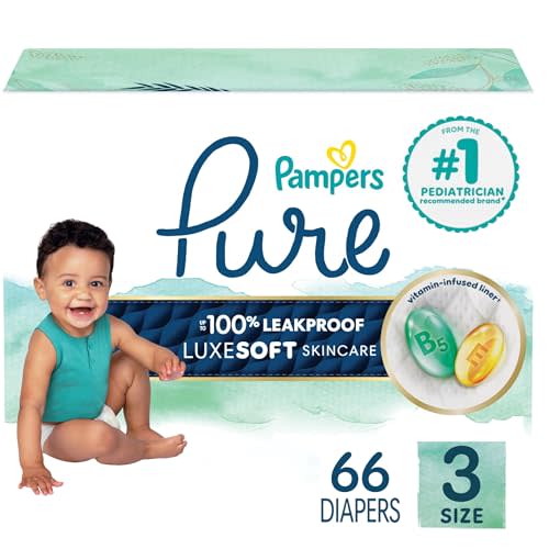 Pampers Pure Baby Diapers, Size 3 (16-28 lbs), 66, Up to 100% Leakproof, Premium Hypoallergenic Soft Diapers