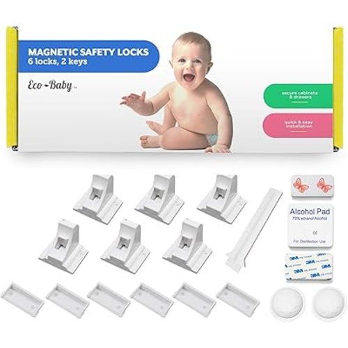 6 Pack Magnetic Cabinet Locks for Babies (with 2 Keys), Eco Baby Magnetic Baby Proofing Cabinet Locks, Child Locks for Cabinets Drawers Doors for Back to School, Easy Installation No Tools Required