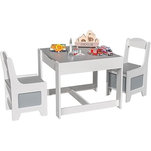 Kids Table and Chairs, 3 in 1 Kids Wooden Activity Table Set with Storage Drawer, Detachable Tabletop, Toddler Furniture Set for Drawing Reading Art Craft, Playroom, Nursery, Grey