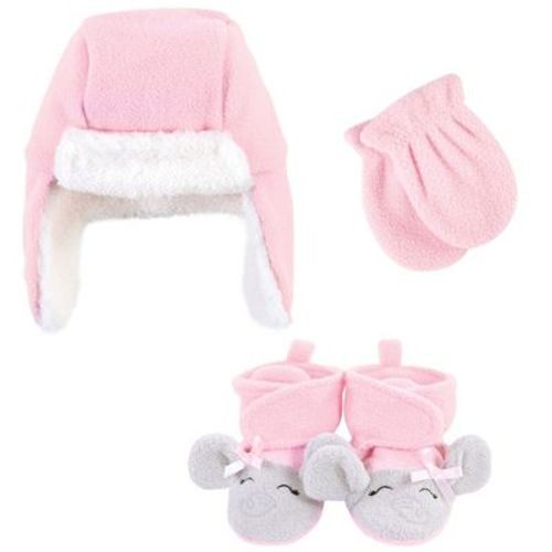 Hudson Baby Infant Girls Trapper Hat, Mitten and Bootie Set, Pink Gray Elephant, 6-12 Months