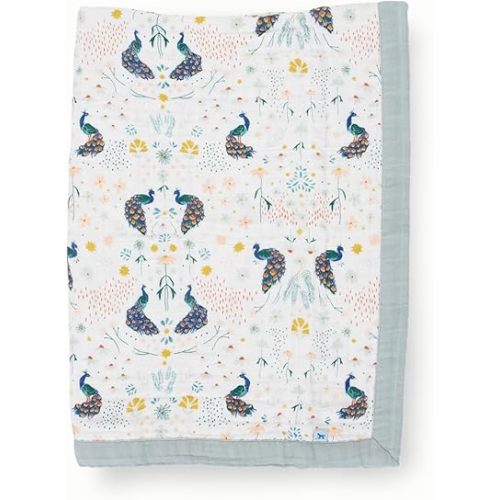 Little Unicorn Newborn Receiving Quilt | Ultra- Soft, Multi-Layered Muslin Fabric | Gift for Newborns & on-The-go (Peacock)
