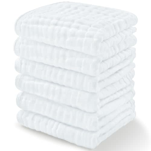 Baby Washcloths, Muslin Cotton Baby Towels, 6 Pack -Large 10”x10” Wash Cloths Soft on Sensitive Skin, Absorbent for Boys & Girls, Newborn Baby & Toddlers Bibs & Burp Cloths Essentials Set, White